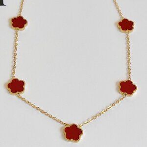 18K Gold Plated RED Clover Necklace 5 Petals stainless steel Womens jewelry